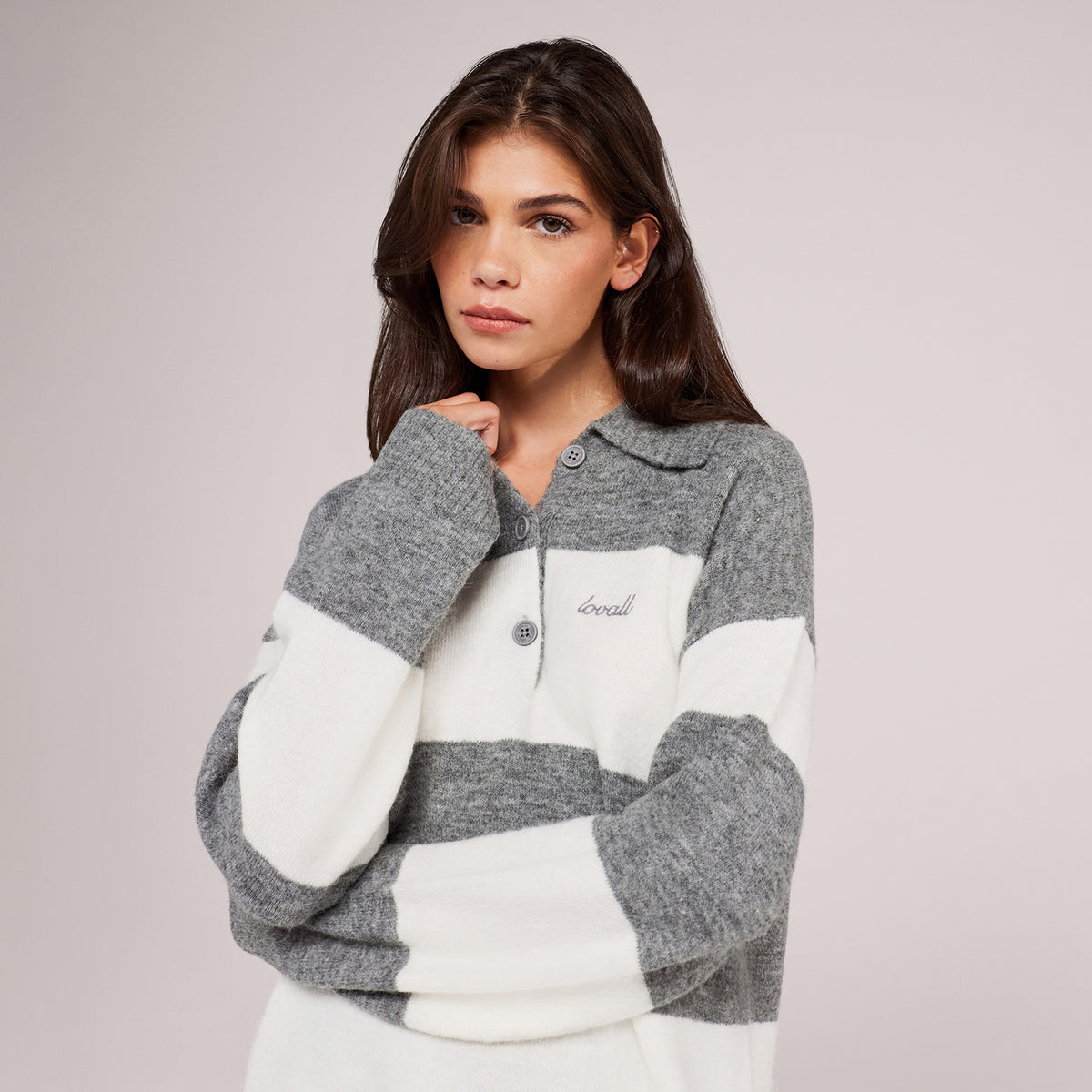 Brushed Knit Oversized Polo Jumper - Grey Stripe