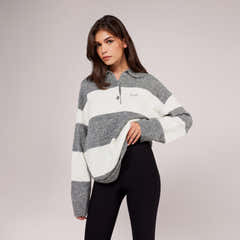 Brushed Knit Oversized Polo Jumper - Grey Stripe