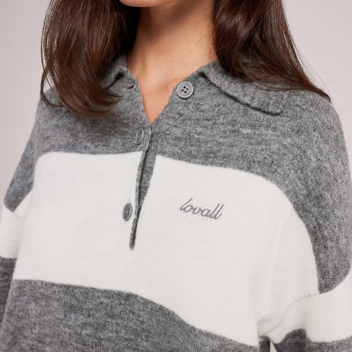 Brushed Knit Oversized Polo Jumper - Grey Stripe