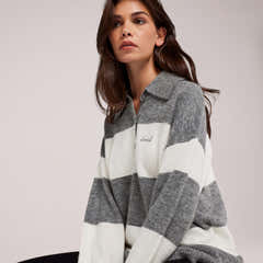 Brushed Knit Oversized Polo Jumper - Grey Stripe