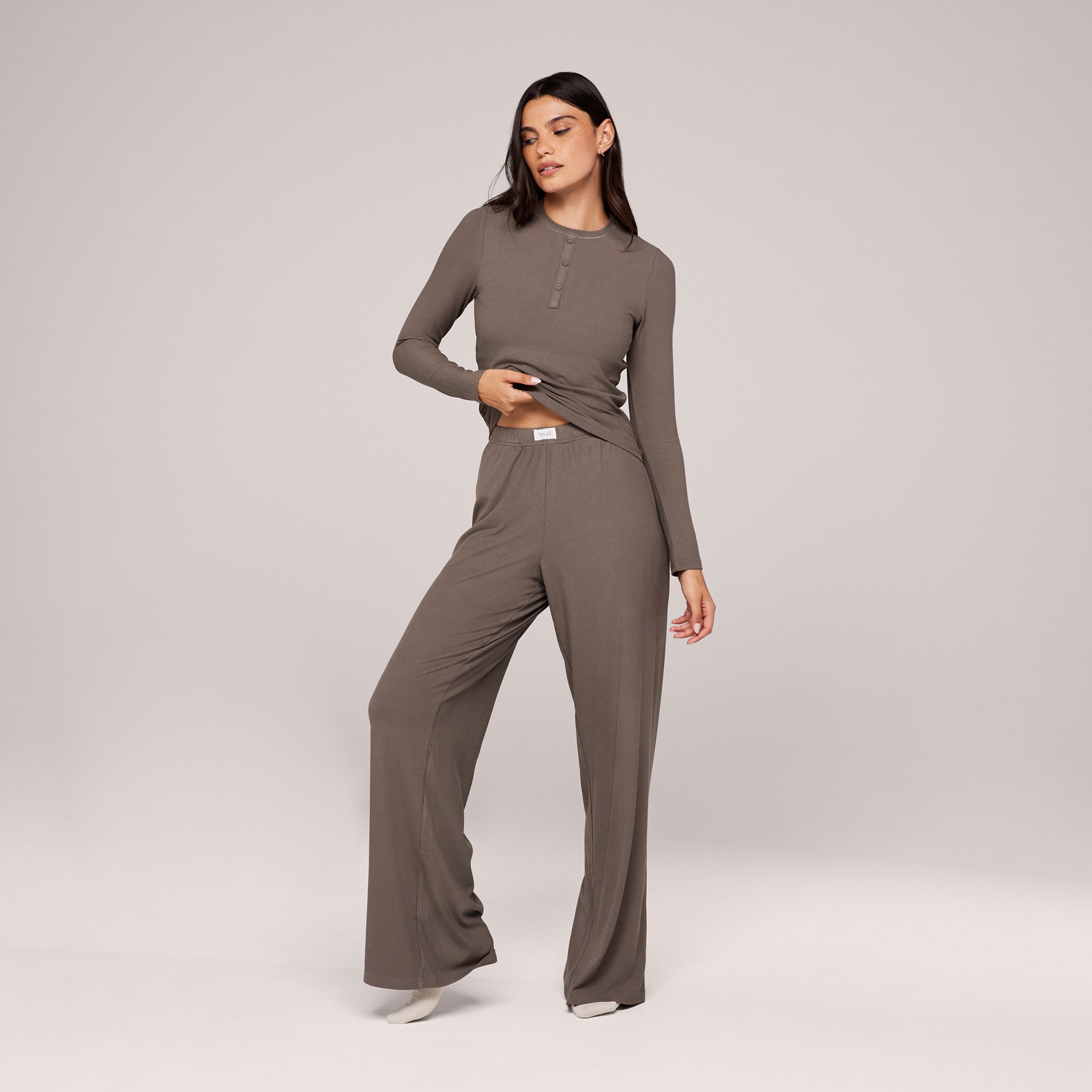 Soft Rib Lounge Wide Leg Bottoms - Mocha