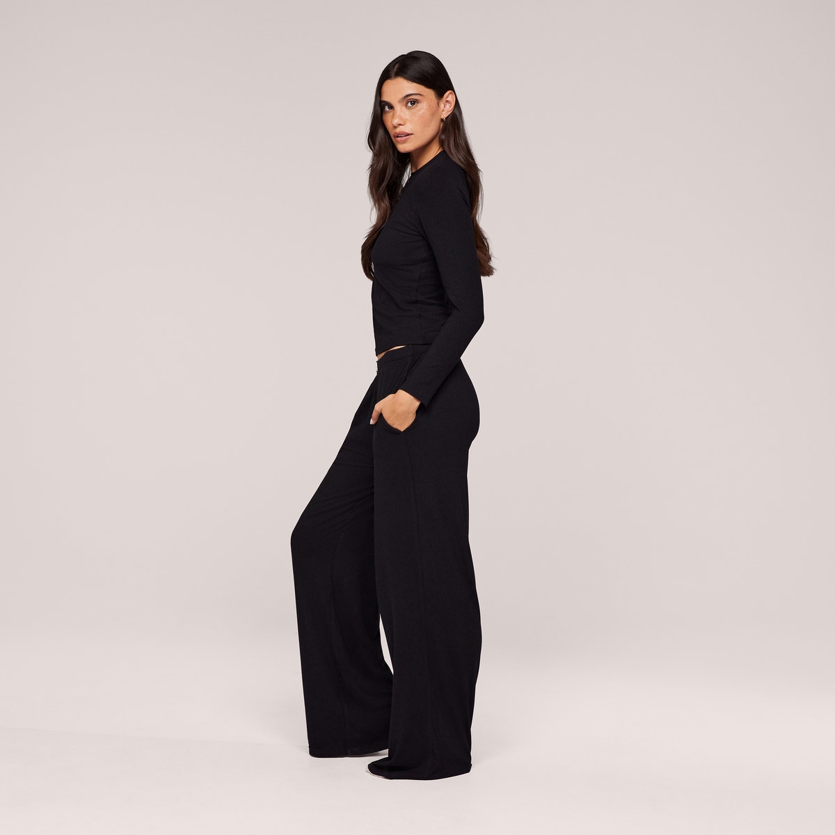 Soft Rib Lounge Wide Leg Bottoms - Black