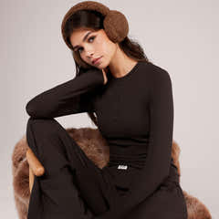 Soft Rib Lounge Wide Leg Bottoms - Black Coffee