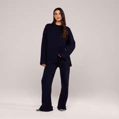 Brushed Knit Split Hem Oversized Jumper - Navy