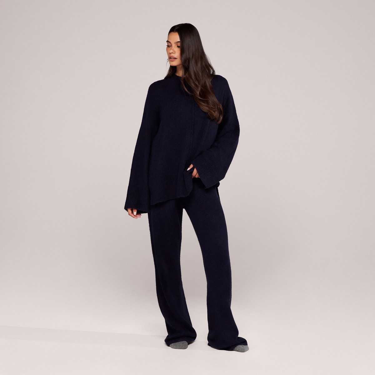 Brushed Knit Split Hem Oversized Jumper - Navy
