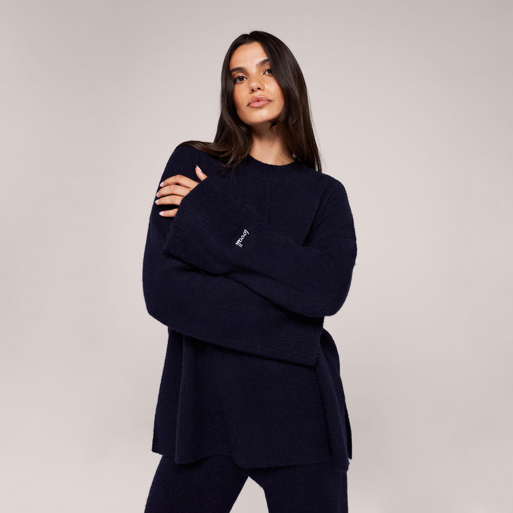 Alpaca Knit Split Hem Oversized Jumper - Navy