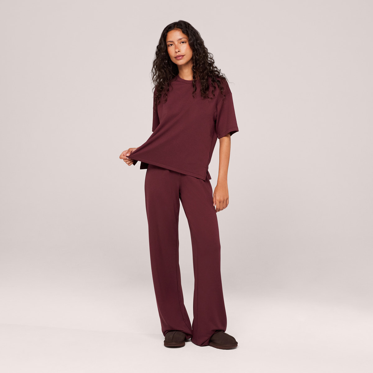 Soft Touch Wide Leg Lounge Set - Burgundy
