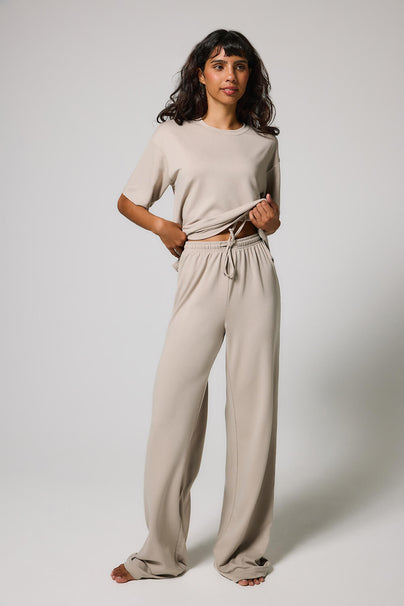 Soft Touch Wide Leg Lounge Set - Oatmeal Beige