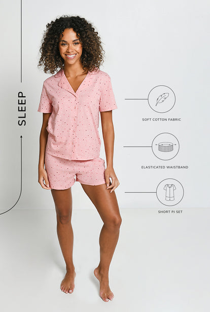 Pure Cotton Button Up Short Pyjama Set - Pink Dot