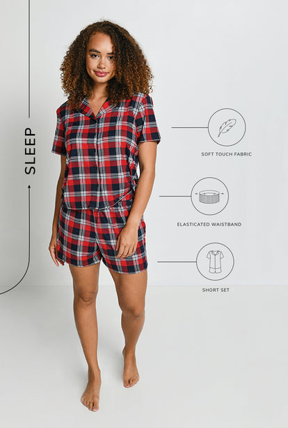 Soft Touch Button Up Short Pyjama Set - Navy & Red Check