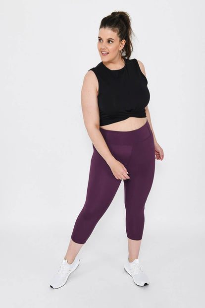 Curve Focus Cropped High Waisted Sports Leggings - Mulberry Plum