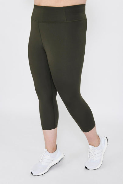 Curve Focus Cropped High Waisted Sports Leggings - Olive Green