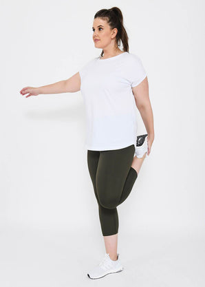Curve Focus Cropped High Waisted Sports Leggings - Olive Green