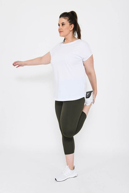 Curve Focus Cropped High Waisted Sports Leggings - Olive Green