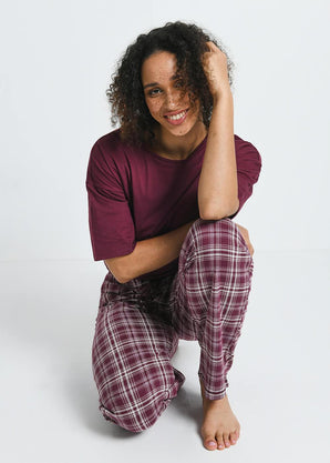 Pure Cotton Pyjama Set - Burgundy Check