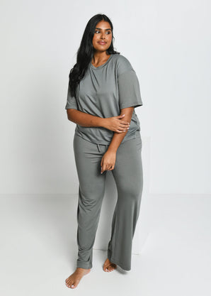 Curve Soft Touch Wide Leg Lounge Set - Sage Green