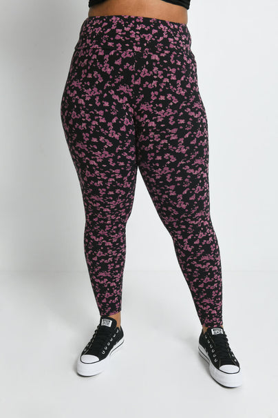 Curve Everyday High Waisted Leggings - Black/Burgundy Floral