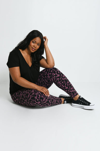 Curve Everyday High Waisted Leggings - Black/Burgundy Floral