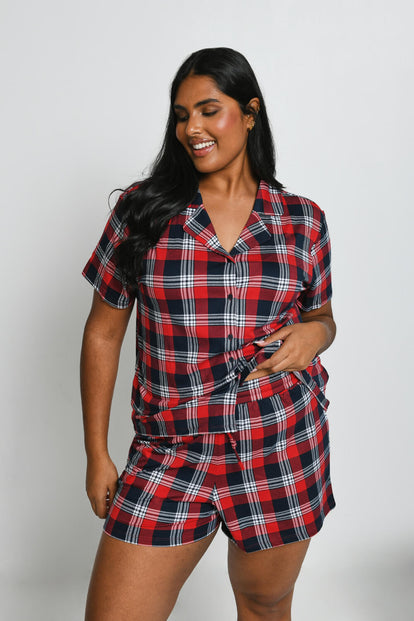 Curve Soft Touch Button Up Short Pyjama Set - Navy & Red Check