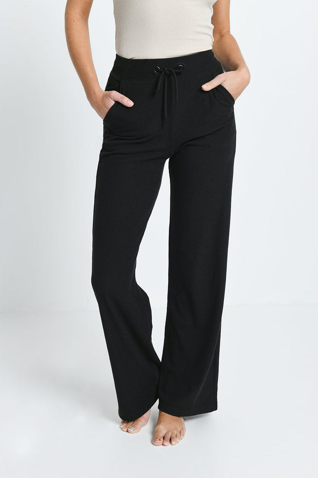 Ribbed Wide Leg Trousers - Black