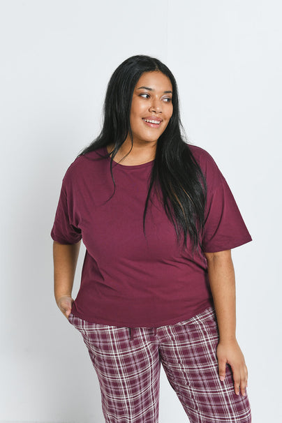 Curve Pure Cotton Pyjama Set - Burgundy Check