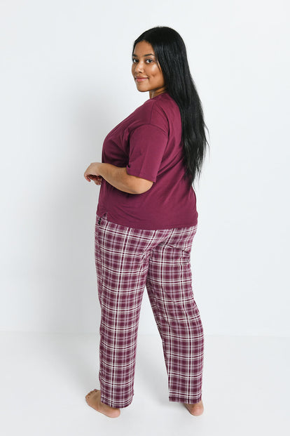 Curve Pure Cotton Pyjama Set - Burgundy Check