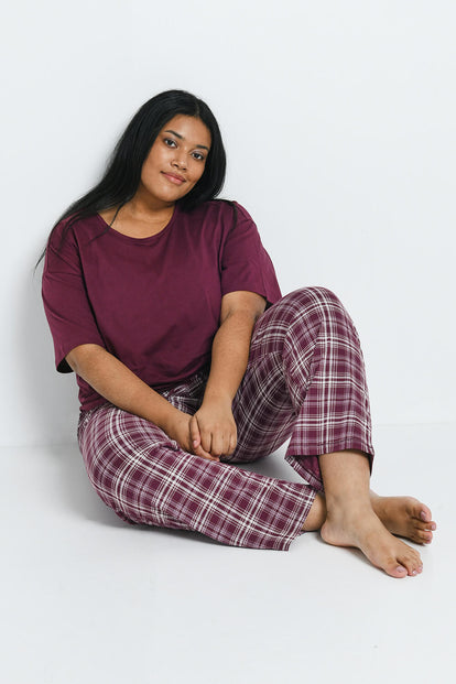 Curve Pure Cotton Pyjama Set - Burgundy Check