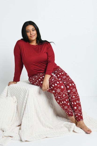 Curve Soft Touch Pyjama Set - Burgundy Christmas Print