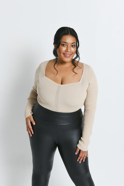 Curve Leather Look High Waisted Leggings - Black