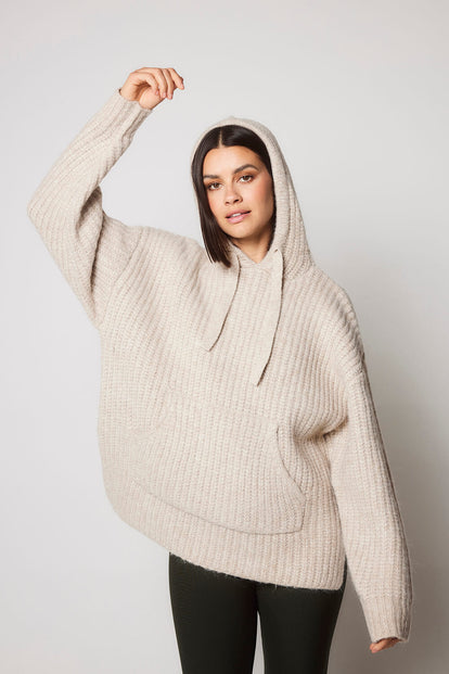 Oversized Chunky Knit Hoodie - Beige