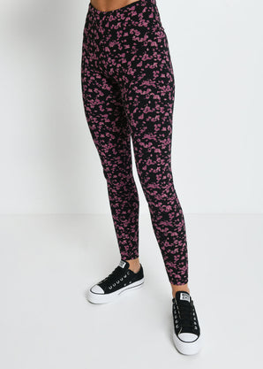 Everyday High Waisted Leggings - Black/Burgundy Floral