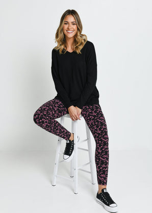 Everyday High Waisted Leggings - Black/Burgundy Floral