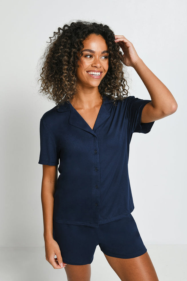 Soft Touch Button Up Short Pyjama Set - Navy